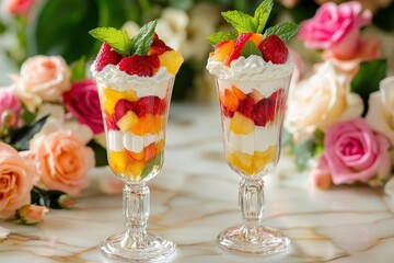Layered fruit dessert in a glass goblet.