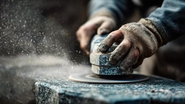Artisan at Work: A skilled artisan meticulously grinds stone with a power tool, revealing the process of transforming raw materials into refined forms