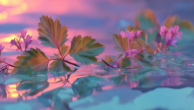 Delicate flowers and leaves float on water, bathed in a vibrant sunset