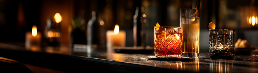 An interior bar with a luxuriously presented selection of drinks, inviting you to relax and enjoy