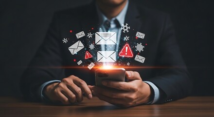 Businessman checking email on smartphone with alert notifications