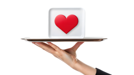 A loving hand holds a red heart symbol, representing the romance and passion