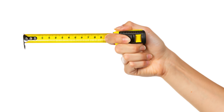 Hand holding yellow measuring tape isolated on a transparent background tool