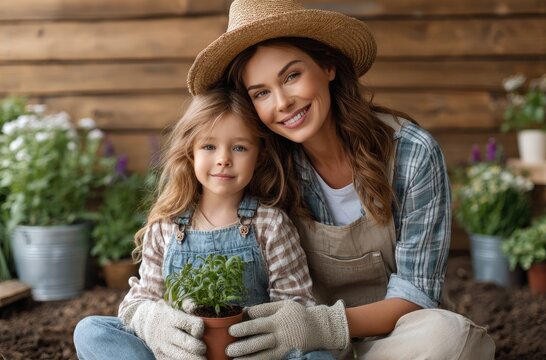 a mother wearing gardening gloves and a hat is sitting on the ground, holding her daughter. both are dressed in spring attire, with potted plants placed between them
