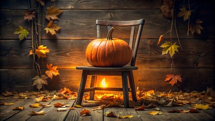 Single pumpkin on a wooden chair surrounded by fallen autumn leaves
