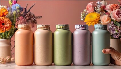 Pastel-colored jars lined up against a peach backdrop, with flowers in the background