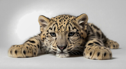 Obraz premium Snow leopard cub lying isolated on white with paw and fur detail