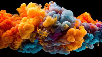Colorful cloud of swirling ink on black. Vivid orange, yellow, blue, and violet pigments mixing in water. Ethereal and dynamic composition