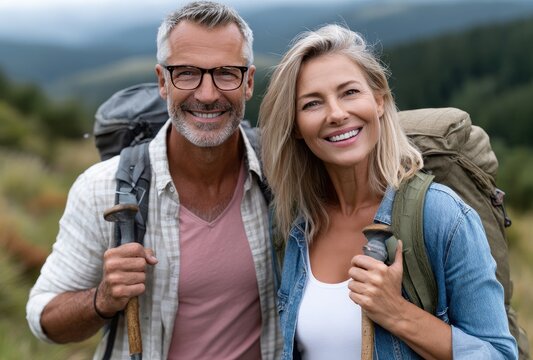 a middle-aged couple hiking in the countryside, wearing backpacks and holding walking sticks while smiling at each other.