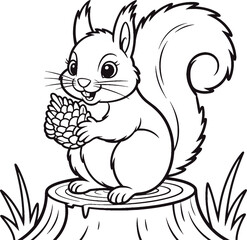 Cute Squirrel in Forest Coloring Page – Woodland Animal Line Art for Kids