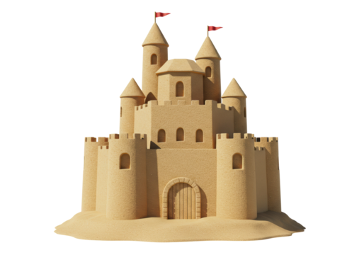 Isolated Sandcastle with Red Flags, Architecture for Summer Vacation, Fun and Holiday Time