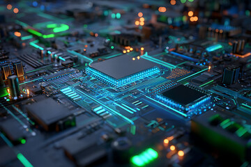 Obraz premium Experience cutting-edge technology with this dynamic circuit board, showcasing intricate glowing pathways and a central processor, perfect for tech innovation themes.