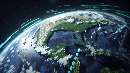 Half half Earth space, one side lush green safe, other side flooded stormy, glowing heatmaps weather projections overlayed, futuristic financial data streams circling planet, cinematic lens flares, 4K - Powered by Adobe