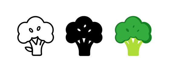 Minimalist broccoli icons in outline, silhouette, and colorful styles over white background
