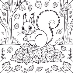 Cute Squirrel in Forest Coloring Page – Woodland Animal Line Art for Kids