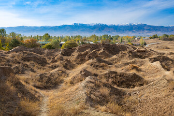 Ancient Penjikent ruins aerial panoramic view, Tajikistan