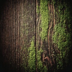 Obraz premium close-up moss growing on weathered wood texture surface - Close-Up of Moss-Covered Rustic Wooden Beams in Natural Setting, perfect for nature textures, organic surface design, forest environment