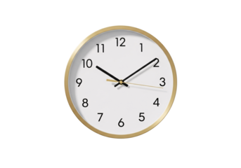 Minimalist round wall clock with white face and gold bezel showing the time isolated on transparent background