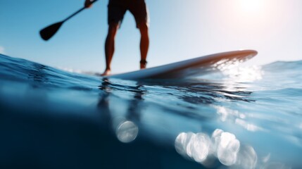 A person is paddling on a stand-up paddle board in the ocean. The sun glistens on the water surface, creating a tranquil yet adventurous scene. Feel the energy and freedom of water sports. AI