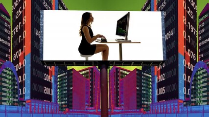 city with overlayed code and data and billboard with business woman  - Powered by Adobe