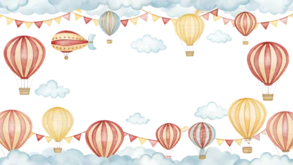 Wanddecoratie Luchtballon Whimsical watercolor hot air balloons and clouds border isolated on transparent background  © Png  stock