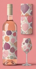 Ros? wine bottle, glasses, and labels featuring autumnal leaves