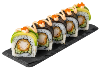 Photorealistic Spider Roll sushi, golden crab tempura, avocado, tobiko, spicy mayo on dark slate, isolated on bright grey, high-key, sharp focus, appetizing gourmet food concept