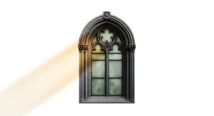 Gothic arched window with light streaming through isolated on white background