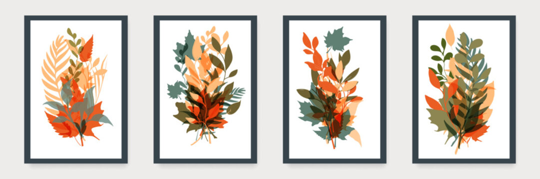 Floral Cards Set with Autumn Leaves. Hand Drawn Vector Template for Autumn Design, Fall Season, Congratulation and Greeting Card, Invitation, Poster, Wall Art, Flyer, Cover, Gift Certificate - Powered by Adobe