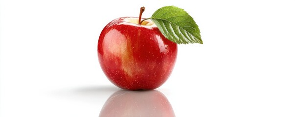 Isolated image of a single ripe apple on white background with reflection and copy space underneath
