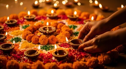 Hands arranging traditional oil lamps in a colorful floral rangoli decoration for festive celebration
