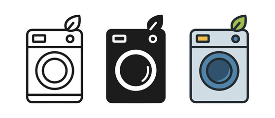 Eco-friendly washing machine icons featuring leaf accents