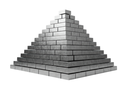 Isolated Pyramid of Bricks Construction, Silver Metallic Blocks Design, 3D Structure Build, Stacked
