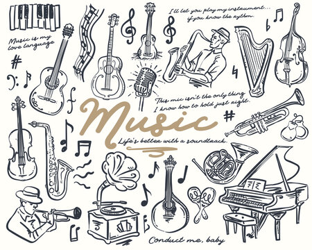 Music Whimsical vector hand-drawn Illustration Set