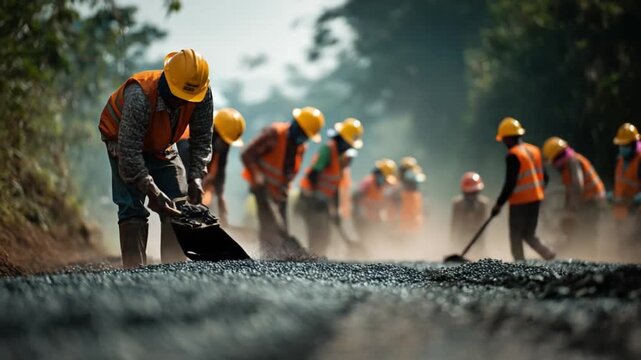 Road Construction Crew: A team of construction workers diligently paving a road, showcasing the industry of infrastructure with teamwork.