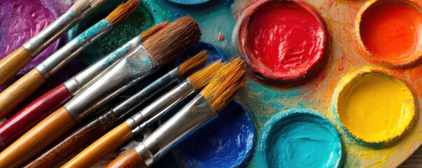 Obraz premium Close up of colorful paint palette with brushes on neutral background ready for design overlay