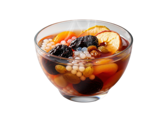 Warm Norwegian fruktsuppe in elegant glass bowl, amber-red broth, rehydrated prunes, apricots, raisins, apple slices, tapioca, steam on transparent. Appetizing food concept