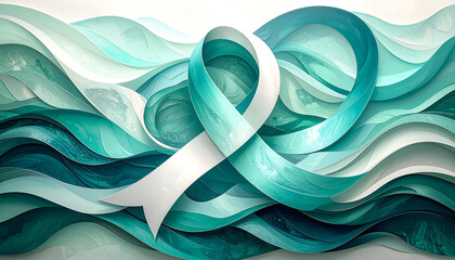 A teal and white ribbon against a flowing abstract background.