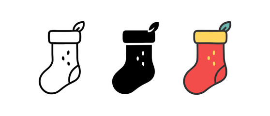 Christmas stocking icons set: outline, monochrome, colored variations