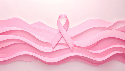 Obraz premium Pink ribbon symbol of breast cancer awareness on a wavy pink background.
