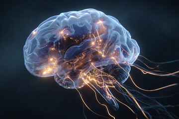 Illuminating neural pathways within a translucent human brain, showcasing dynamic electrical impulses firing and connecting ideas for advanced scientific research or medical conceptualization