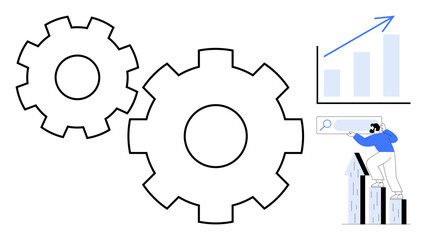 Two large gears, upward-trending chart, and person analyzing data, representing teamwork, process, innovation, growth, planning performance and collaboration. Ideal for business process themes