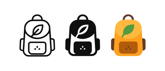 Eco-friendly backpack icons in minimalist and flat design styles