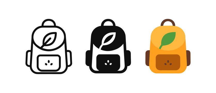 Eco-friendly backpack icons in minimalist and flat design styles