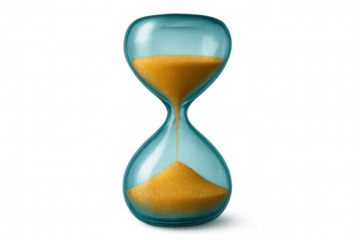 Classic hourglass with falling sand measuring passing time, isolated on transparent background, perfect for time management concepts