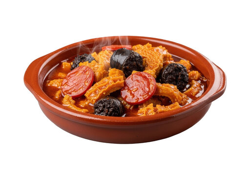 Steaming callos a la madrile&ntilde;a tripe stew with tripe, chorizo, morcilla, paprika sauce in rustic clay cazuela on transparent, studio, shallow dof, spanish cuisine concept