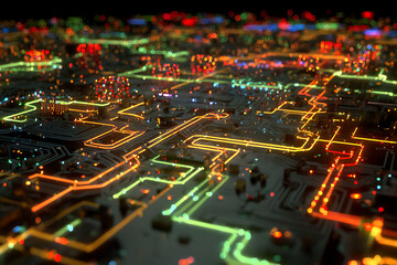 Obraz premium Experience the dynamic pulse of a futuristic digital network, with glowing circuits and vibrant data streams creating an electrifying visual symphony of innovation and connection.