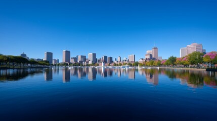 Fototapeta premium Skyline view over calm water reflecting buildings and trees in a vibrant city park under a clear blue sky