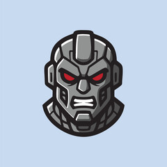Futuristic robot head mascot with red glowing eyes and metallic armor, perfect for gaming logo, esports emblem, or tech-themed design.