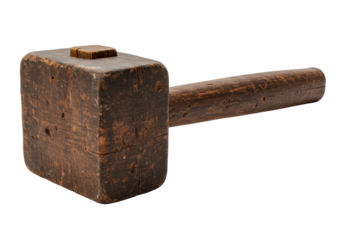 Isolated vintage wooden mallet tool with handle for hammering, carpentry, wood work
